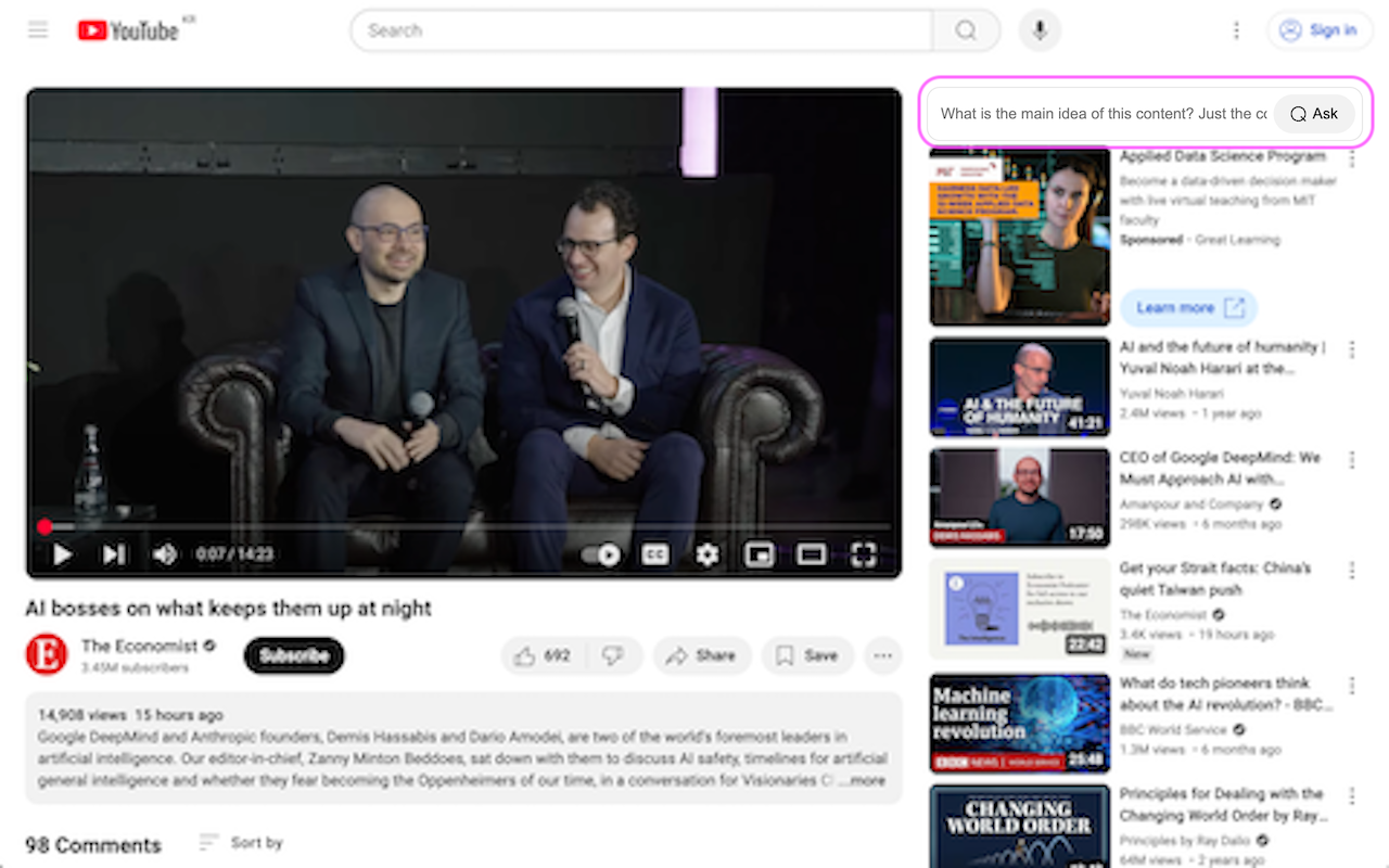 Question form on the video detail page