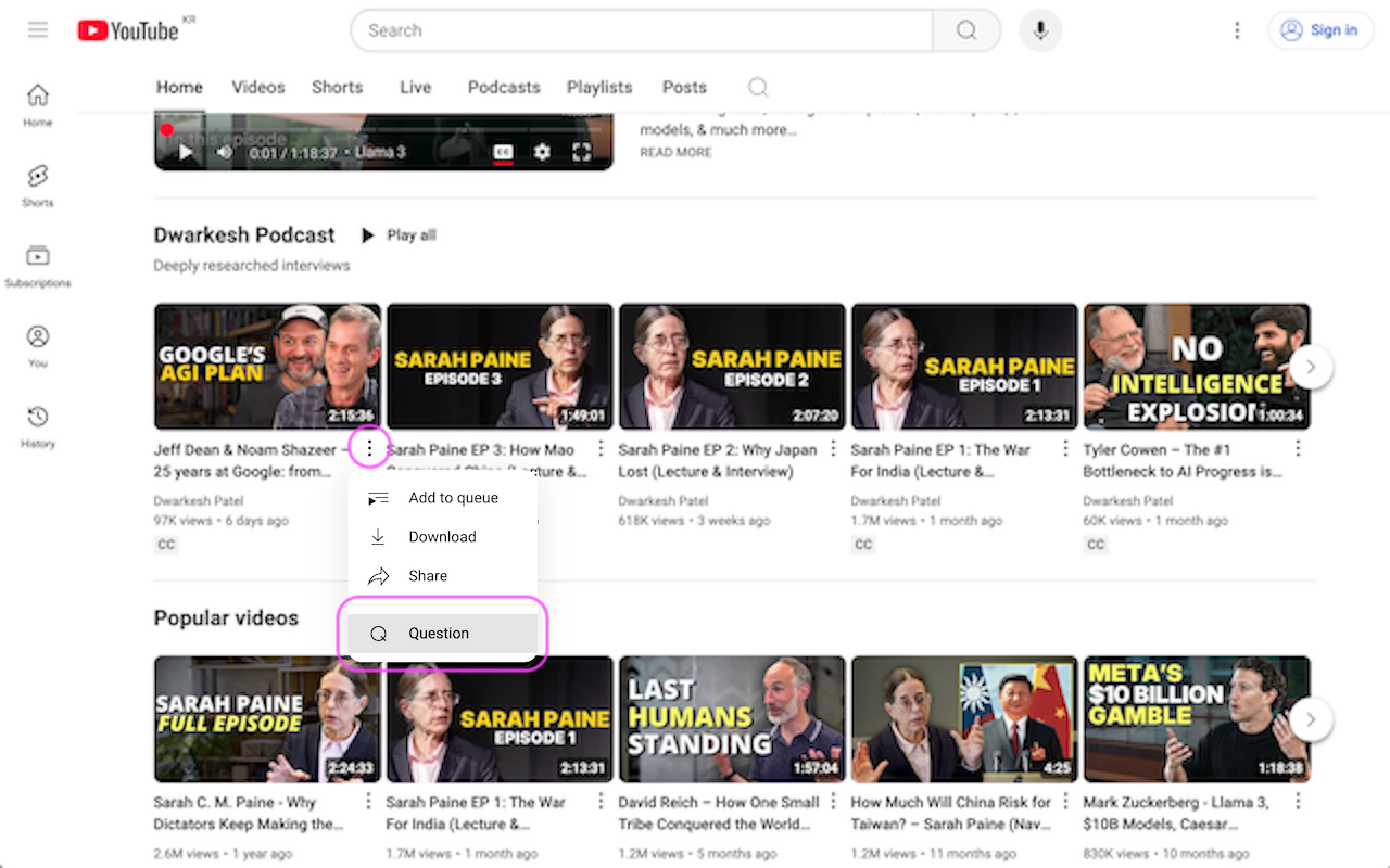 Question menu on the More options menu of a YouTube video
